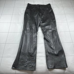 Caché Pants Womens 8 Black Gray Leather Studded Vintage Bootcut Flare Ankle Slit